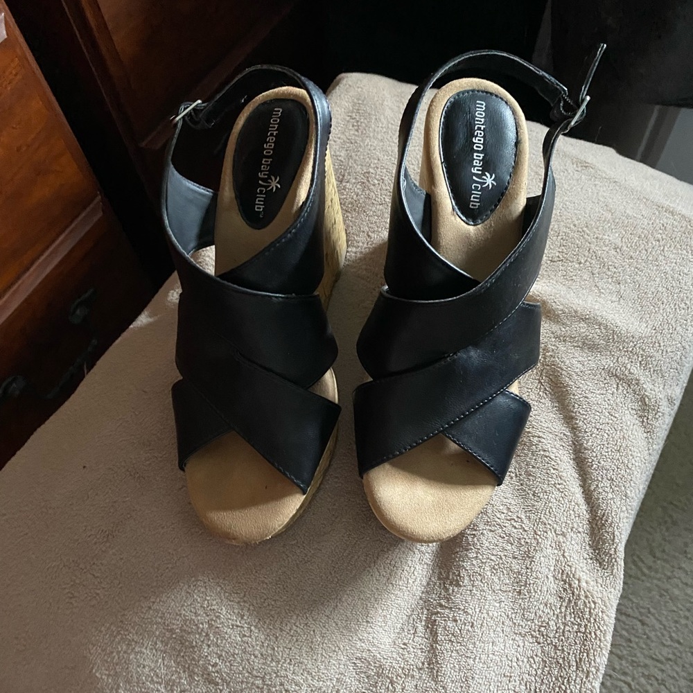 Womens Black Wedges with cork look wedge